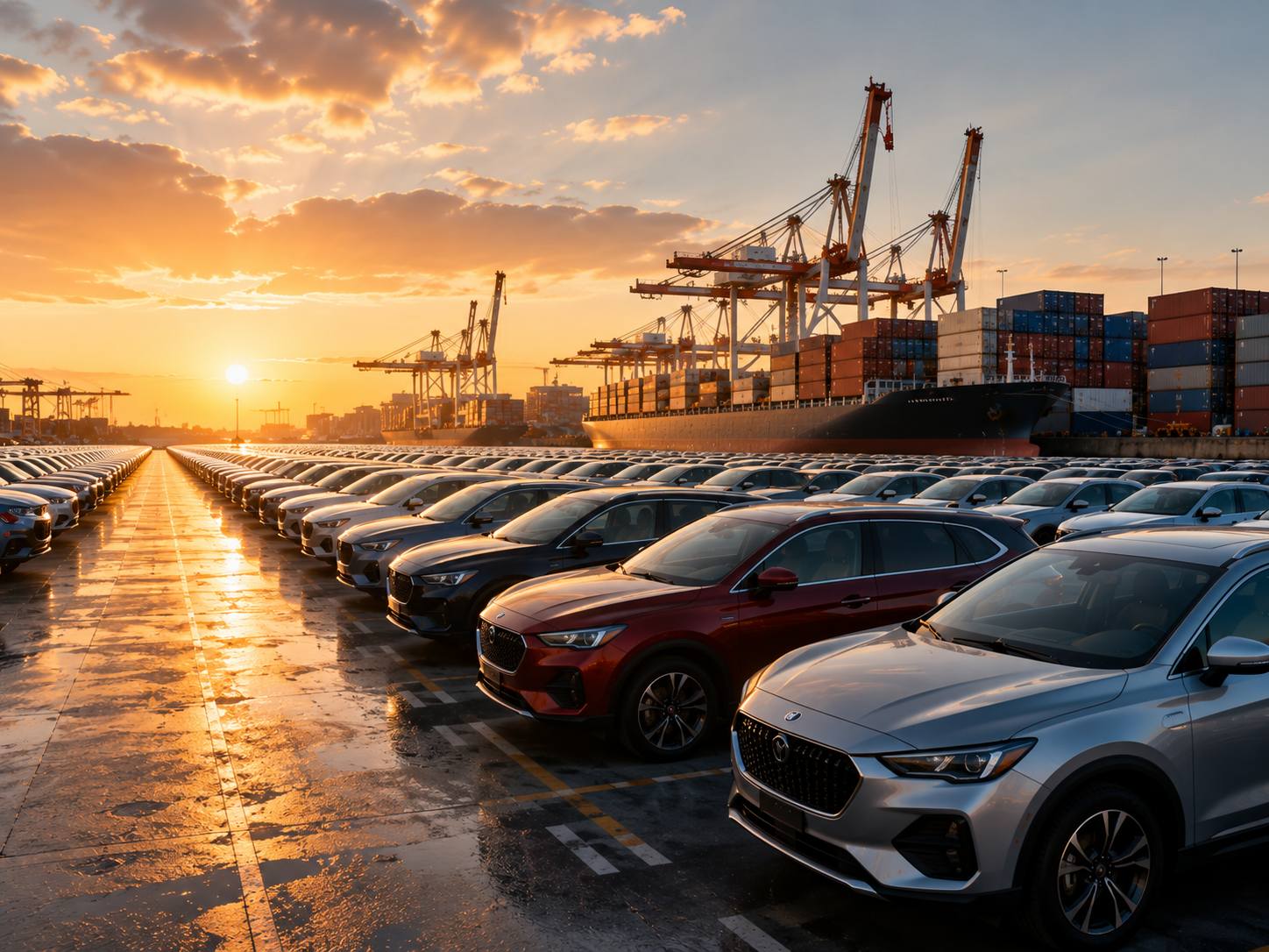 Rows of new vehicles staged at a port for international trade at sunset
